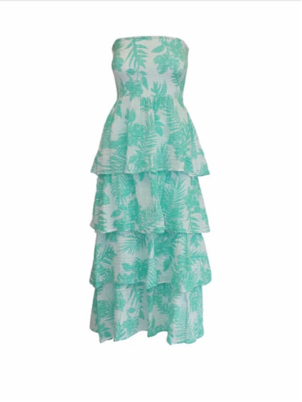 Felicite Strapless Tiered Maxi Dress in Mint Leaf Print